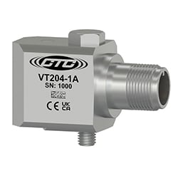 A stainless steel, standard size, side exit VT202 dual output piezo velocity sensor engraved with the CTC Line logo, part number, serial number, and CE and UKCA certification markings.